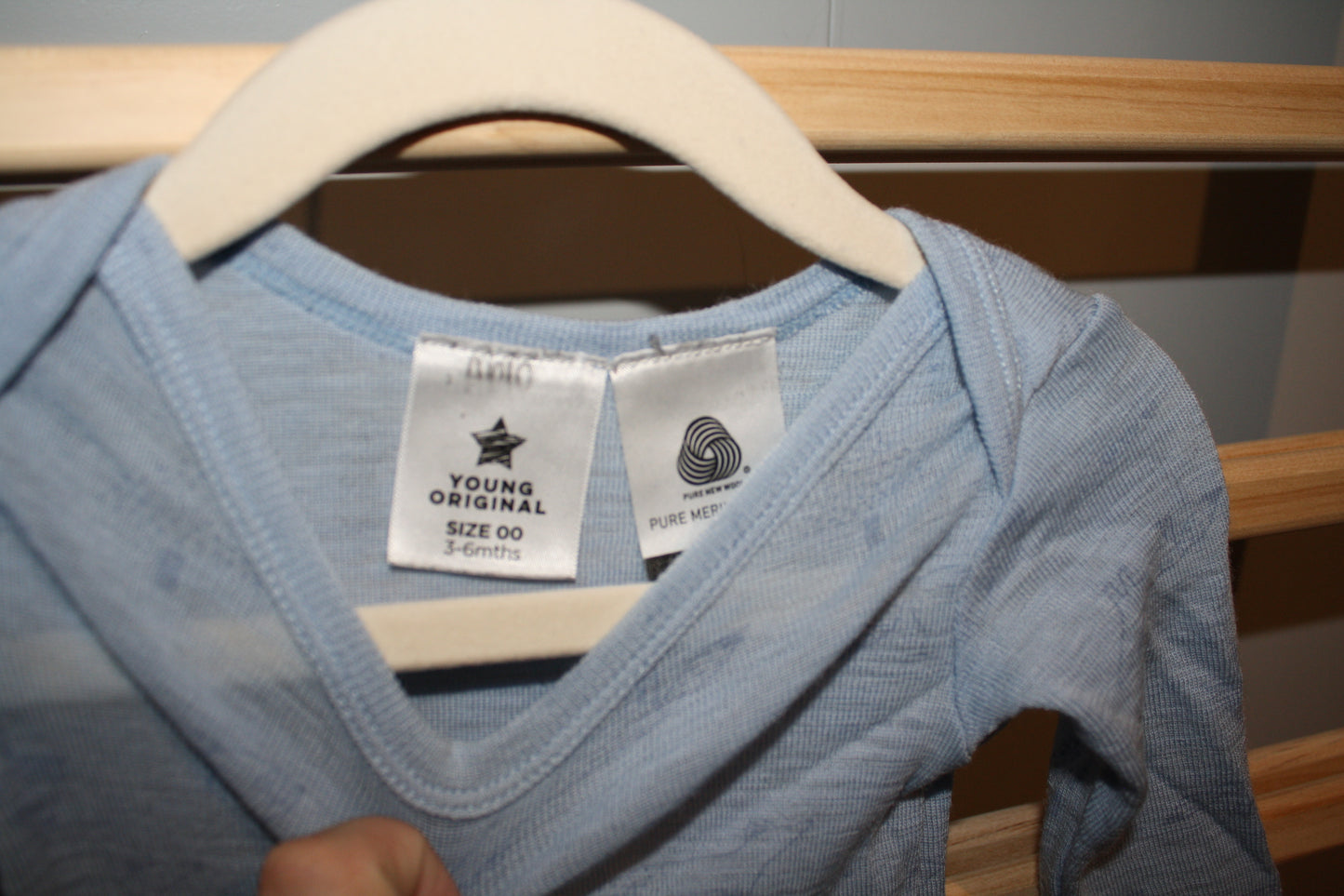 Young Original Blue Merino Long-Sleeve Bodysuit - Size 3-6