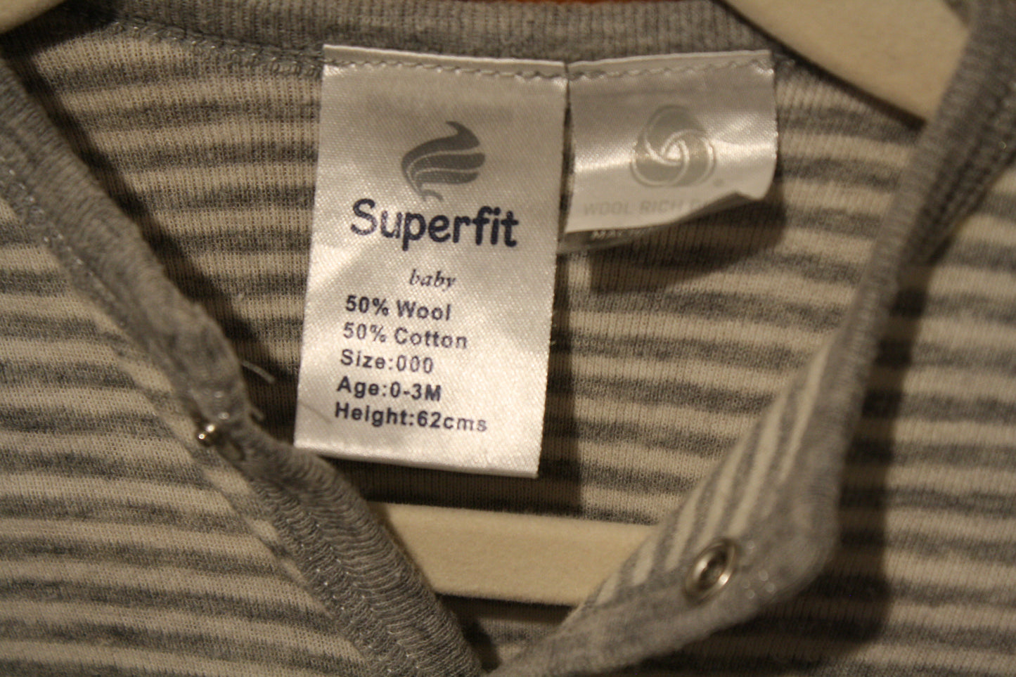 Superfit Grey Stripe Merino All-in-One – Size 0–3